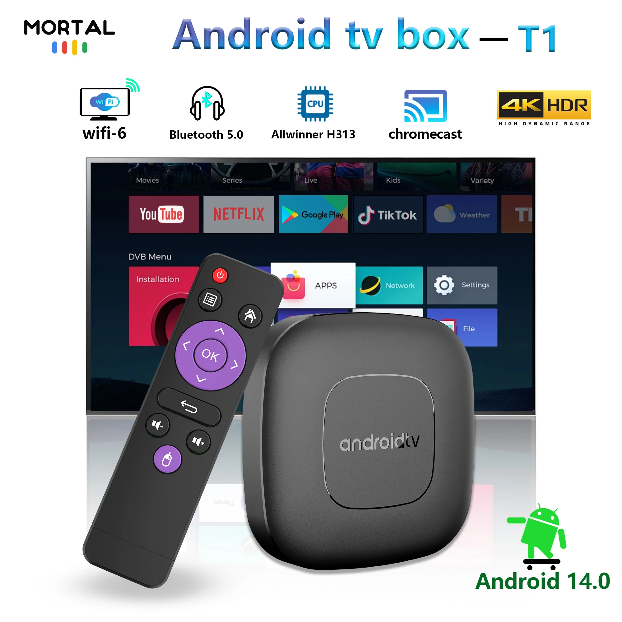 kf-Sf9c1da2dea4746daa660dc671e2af587V Smart Android 14 TV Box Mortal T1 WIFI6 Voice Control Home Theater AllwinnerH313 Bluetooth 4K HDR - Image 1